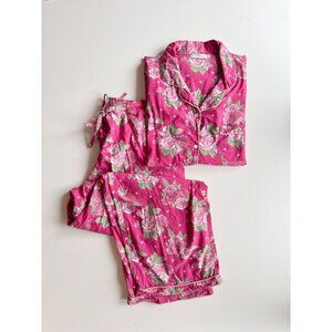 MAHOGANY Rose Dark Pink Floral Dot Cotton Voile Pajama Shirt Pant Set, Size 1X